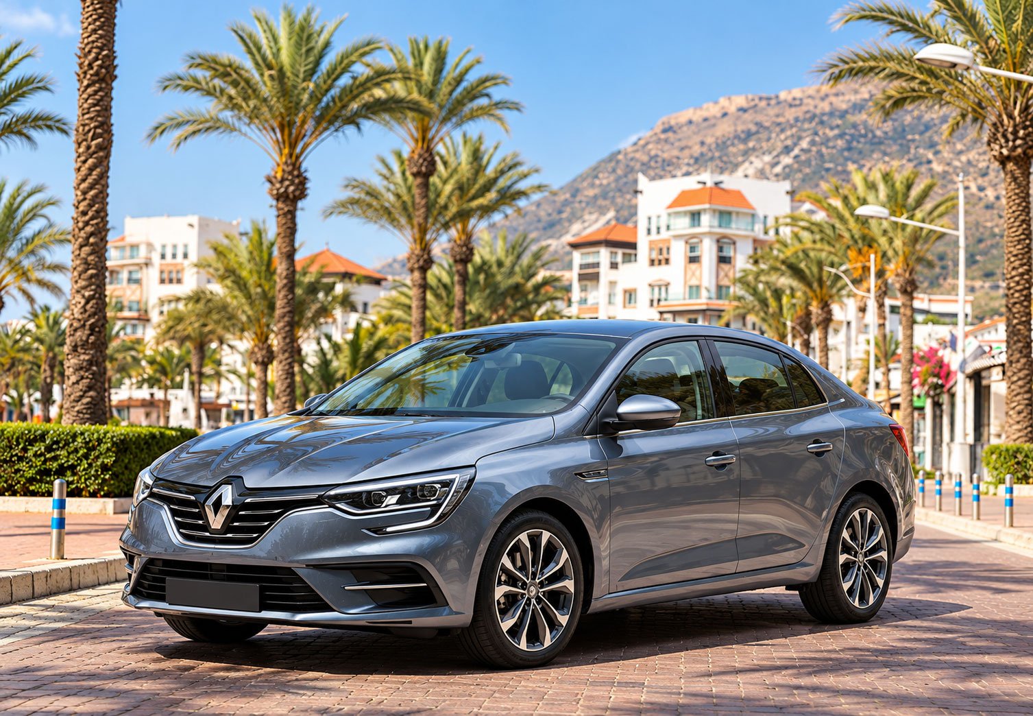 Location Renault Mégane Berline 2 Gray-Renault-on-a-Sunlit-Mediterranean-Boulevard