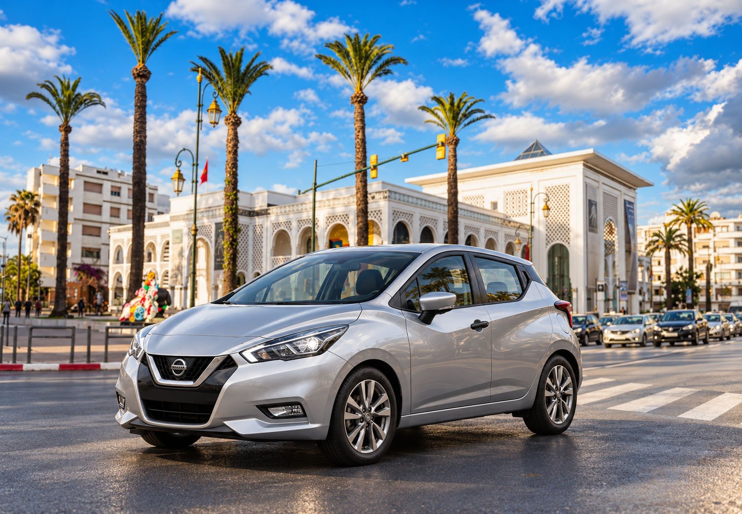 Location Nissan Micra 2 Silver-Nissan-Hatchback-on-a-Palm-Lined-Boulevard