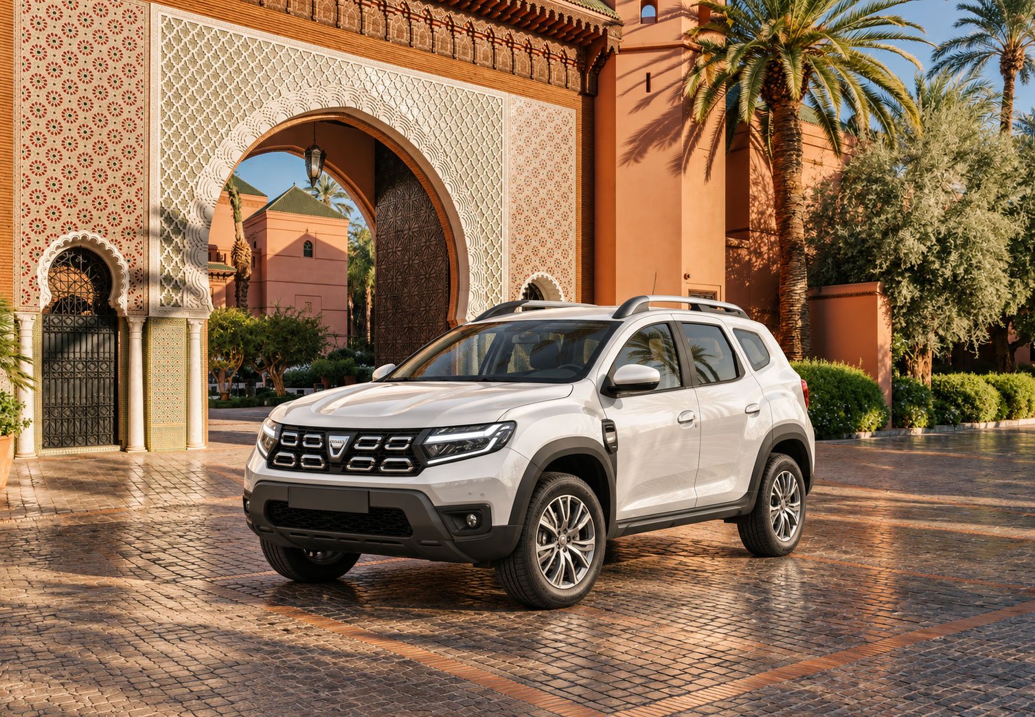 White-Dacia-Duster-at-a-Moroccan-Riad-Gateway