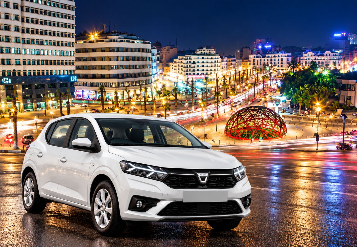 Location Dacia Sandero Diesel 2 White-Dacia-Sandero-at-a-Luminous-Roundabout